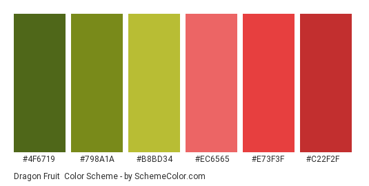 Dragon Fruit - Color scheme palette thumbnail - #4F6719 #798A1A #B8BD34 #EC6565 #E73F3F #C22F2F 