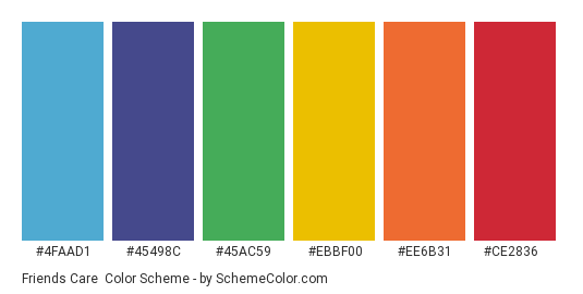 Friends Care - Color scheme palette thumbnail - #4FAAD1 #45498C #45AC59 #EBBF00 #EE6B31 #CE2836 
