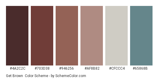 Get Brown - Color scheme palette thumbnail - #4a2c2c #703d38 #946256 #af8b82 #cfccc4 #65868b 