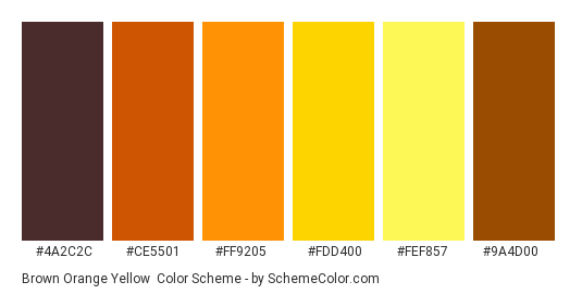 Brown Orange Yellow - Color scheme palette thumbnail - #4a2c2c #ce5501 #ff9205 #fdd400 #fef857 #9a4d00 