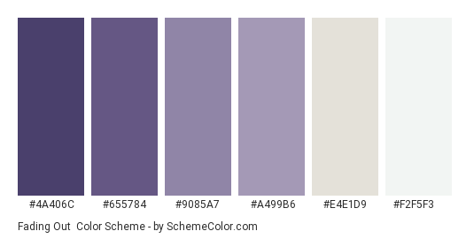 Fading Out - Color scheme palette thumbnail - #4a406c #655784 #9085a7 #a499b6 #e4e1d9 #f2f5f3 