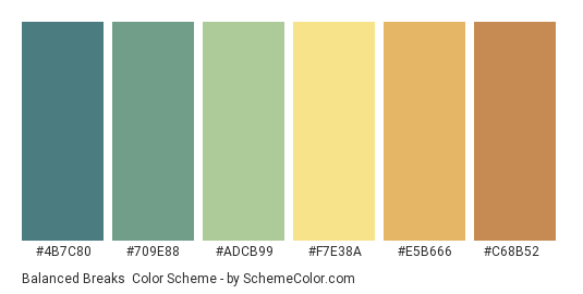Balanced Breaks - Color scheme palette thumbnail - #4b7c80 #709e88 #adcb99 #f7e38a #e5b666 #c68b52 