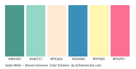 Sadie Miller – Steven Universe - Color scheme palette thumbnail - #4b998c #94d7c7 #ffead6 #3a90b8 #fff6b0 #fd6f91 