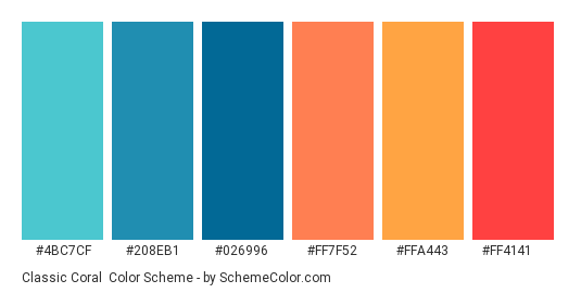 Classic Coral - Color scheme palette thumbnail - #4bc7cf #208eb1 #026996 #ff7f52 #ffa443 #ff4141 