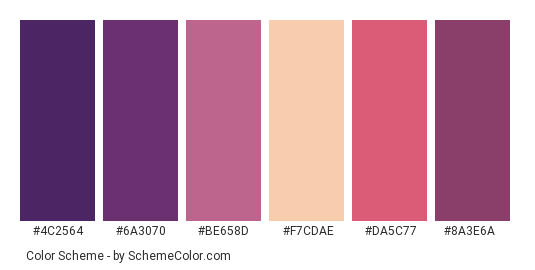 Purple Clouds (Sunset) - Color scheme palette thumbnail - #4c2564 #6a3070 #be658d #f7cdae #da5c77 #8a3e6a 
