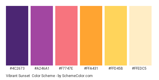 Vibrant Sunset - Color scheme palette thumbnail - #4c2673 #a246a1 #f7747e #ffa431 #ffd45b #ffedc5 