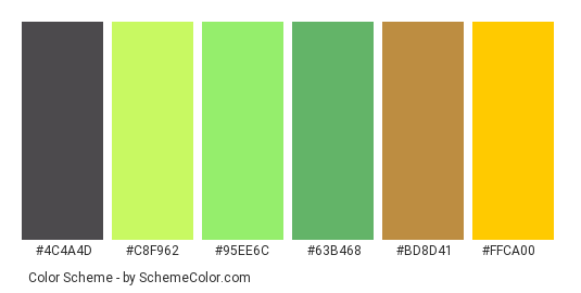 Paper Colorful - Color scheme palette thumbnail - #4c4a4d #c8f962 #95ee6c #63b468 #bd8d41 #ffca00 