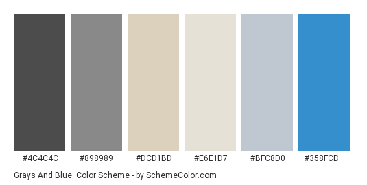 Grays and Blue - Color scheme palette thumbnail - #4c4c4c #898989 #dcd1bd #E6E1D7 #bfc8d0 #358fcd 