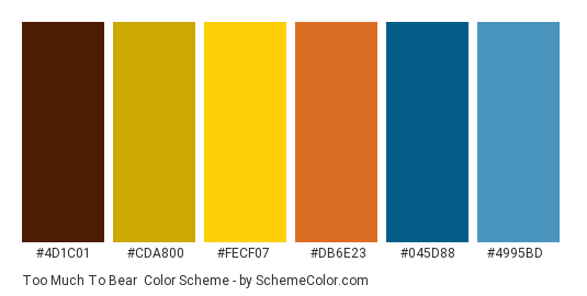 Too Much To Bear - Color scheme palette thumbnail - #4d1c01 #cda800 #fecf07 #db6e23 #045d88 #4995bd 