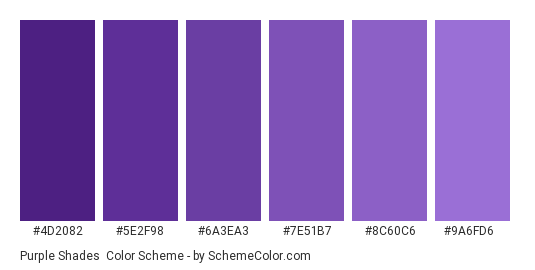Purple Shades - Color scheme palette thumbnail - #4d2082 #5e2f98 #6a3ea3 #7e51b7 #8c60c6 #9a6fd6 