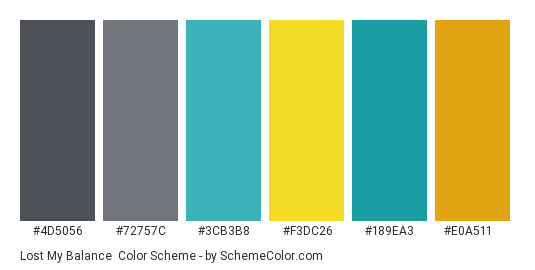 Lost My Balance - Color scheme palette thumbnail - #4d5056 #72757c #3cb3b8 #f3dc26 #189ea3 #e0a511 