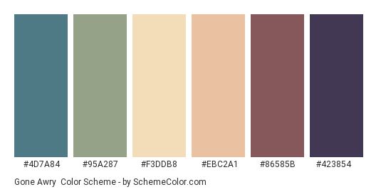 Gone Awry - Color scheme palette thumbnail - #4d7a84 #95a287 #f3ddb8 #ebc2a1 #86585b #423854 