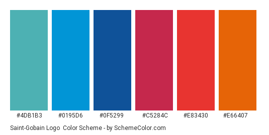 Saint-Gobain Logo - Color scheme palette thumbnail - #4db1b3 #0195d6 #0f5299 #c5284c #e83430 #e66407 