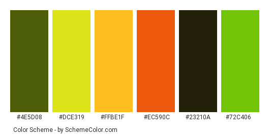 Love Bug Beetle - Color scheme palette thumbnail - #4e5d08 #dce319 #ffbe1f #ec590c #23210a #72c406 