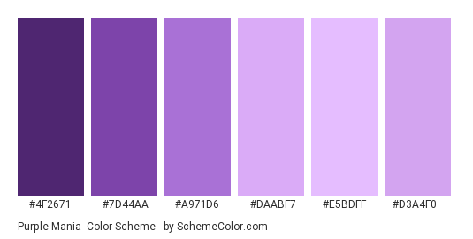 Purple Mania - Color scheme palette thumbnail - #4f2671 #7d44aa #a971d6 #daabf7 #e5bdff #d3a4f0 