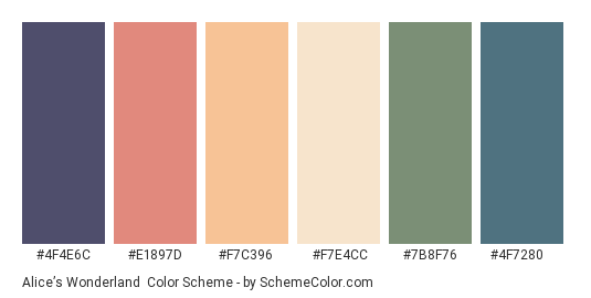 Alice’s Wonderland - Color scheme palette thumbnail - #4f4e6c #e1897d #f7c396 #f7e4cc #7b8f76 #4f7280 
