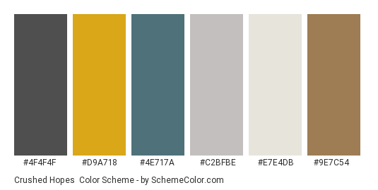 Crushed Hopes - Color scheme palette thumbnail - #4f4f4f #d9a718 #4e717a #c2bfbe #e7e4db #9e7c54 
