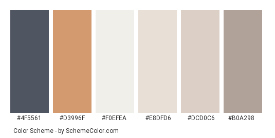 Winter Neutrals - Color scheme palette thumbnail - #4f5561 #d3996f #f0efea #e8dfd6 #dcd0c6 #b0a298 
