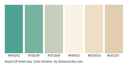 Beach of Green Sea - Color scheme palette thumbnail - #4fa392 #76b29f #c5ceb8 #f8f0e3 #edddc6 #e0ccb1 
