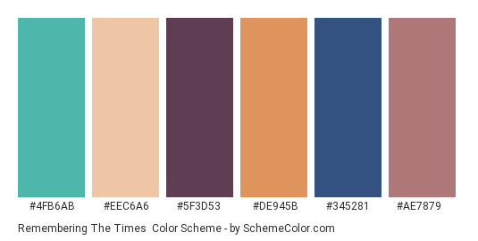 Remembering the Times - Color scheme palette thumbnail - #4fb6ab #eec6a6 #5f3d53 #de945b #345281 #ae7879 