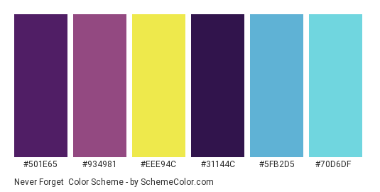 Never Forget - Color scheme palette thumbnail - #501e65 #934981 #eee94c #31144c #5fb2d5 #70d6df 