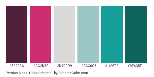 Persian Sleek - Color scheme palette thumbnail - #50203A #CC2D6F #D9D9D9 #9AC6C6 #169F98 #0E635F 