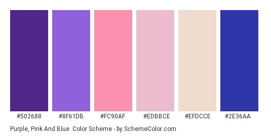 Purple, Pink and Blue - Color scheme palette thumbnail - #502688 #8F61DB #fc90af #edbbce #efdcce #2e36aa 