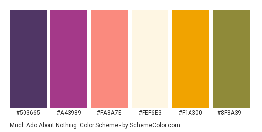 Much Ado About Nothing - Color scheme palette thumbnail - #503665 #A43989 #FA8A7E #FEF6E3 #F1A300 #8F8A39 
