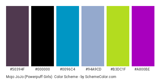 Mojo JoJo (Powerpuff Girls) - Color scheme palette thumbnail - #50394F #000000 #0096C4 #94A9CD #B3DC1F #A800BE 
