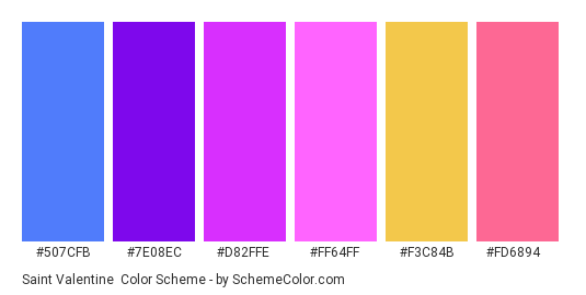 Saint Valentine - Color scheme palette thumbnail - #507CFB #7E08EC #D82FFE #FF64FF #F3C84B #FD6894 
