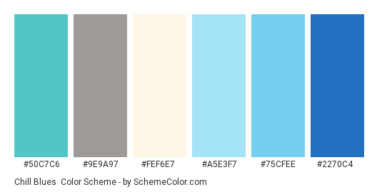 Chill Blues - Color scheme palette thumbnail - #50C7C6 #9E9A97 #FEF6E7 #A5E3F7 #75CFEE #2270C4 