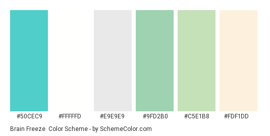 Brain Freeze - Color scheme palette thumbnail - #50cec9 #fffffd #e9e9e9 #9fd2b0 #c5e1b8 #fdf1dd 