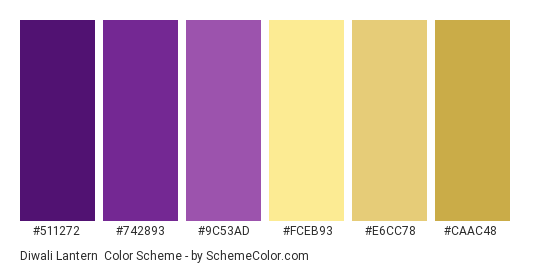 Diwali Lantern - Color scheme palette thumbnail - #511272 #742893 #9c53ad #fceb93 #e6cc78 #caac48 