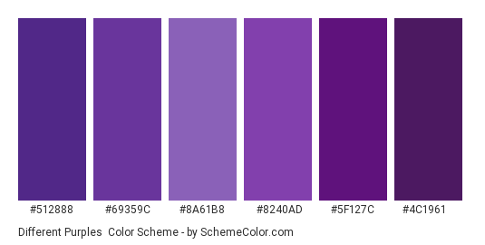 Different Purples - Color scheme palette thumbnail - #512888 #69359C #8A61B8 #8240AD #5F127C #4C1961 