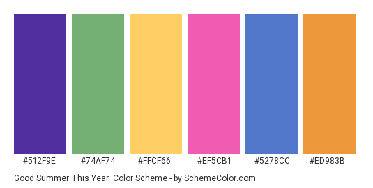 Good Summer This Year - Color scheme palette thumbnail - #512F9E #74AF74 #FFCF66 #EF5CB1 #5278CC #ED983B 