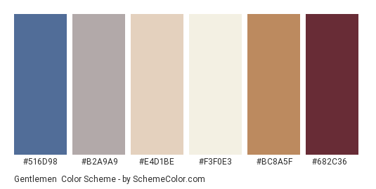Gentlemen - Color scheme palette thumbnail - #516D98 #B2A9A9 #E4D1BE #F3F0E3 #BC8A5F #682C36 