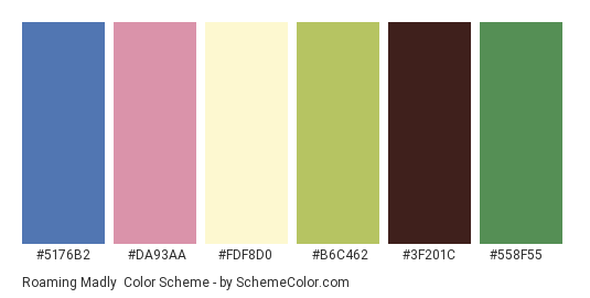 Roaming Madly - Color scheme palette thumbnail - #5176b2 #da93aa #fdf8d0 #b6c462 #3f201c #558f55 