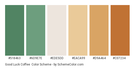 Good Luck Coffee - Color scheme palette thumbnail - #518463 #6d9e7e #ede5dd #eaca99 #d9a464 #c07234 