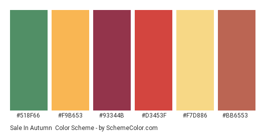 Sale in Autumn - Color scheme palette thumbnail - #518f66 #f9b653 #93344b #d3453f #f7d886 #bb6553 