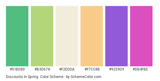 Discounts in Spring - Color scheme palette thumbnail - #51BD80 #B3D67A #F2EDDA #F7CC8B #9259D9 #DB4FBE 