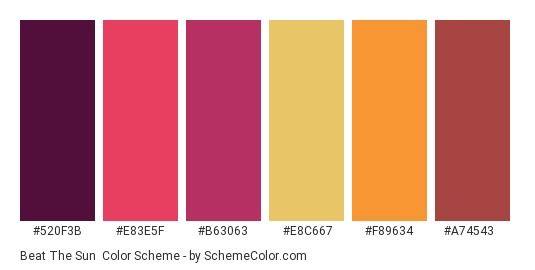 Beat the Sun - Color scheme palette thumbnail - #520f3b #e83e5f #b63063 #e8c667 #f89634 #a74543 