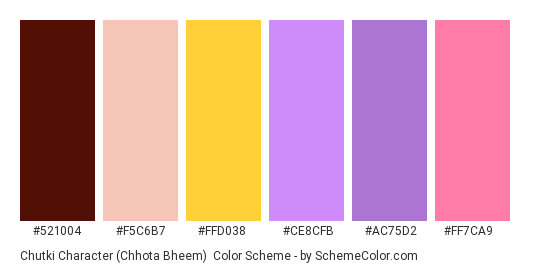 Chutki Character (Chhota Bheem) - Color scheme palette thumbnail - #521004 #f5c6b7 #ffd038 #ce8cfb #ac75d2 #ff7ca9 