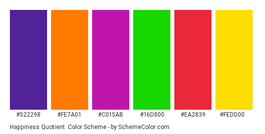 Happiness Quotient - Color scheme palette thumbnail - #522298 #fe7a01 #c015ab #16d800 #ea2839 #fedd00 