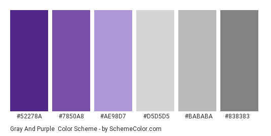 Gray and Purple - Color scheme palette thumbnail - #52278a #7850a8 #ae98d7 #d5d5d5 #bababa #838383 