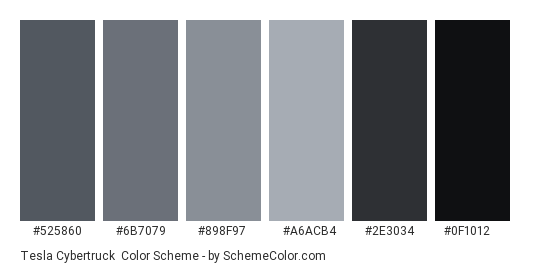 Tesla Cybertruck - Color scheme palette thumbnail - #525860 #6B7079 #898F97 #A6ACB4 #2E3034 #0F1012 