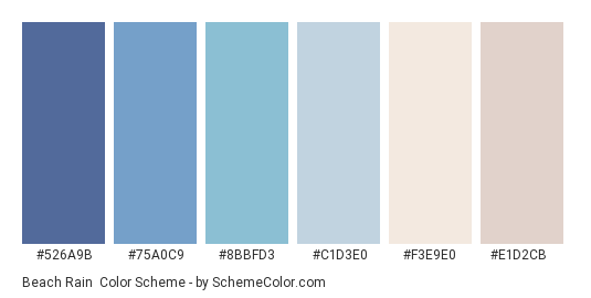 Beach Rain - Color scheme palette thumbnail - #526A9B #75A0C9 #8BBFD3 #C1D3E0 #F3E9E0 #E1D2CB 