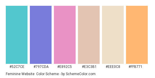 Feminine Website - Color scheme palette thumbnail - #52c7ce #797cda #e892c5 #e3c3b1 #eee0c8 #ffb771 