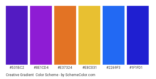 Creative Gradient - Color scheme palette thumbnail - #531BC2 #8E1CD4 #E37324 #E8C031 #2269F3 #1F1FD1 