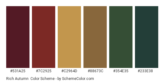 Rich Autumn - Color scheme palette thumbnail - #531a25 #7c2925 #c2964d #88673c #354e35 #233e38 