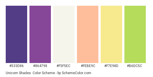 Unicorn Shades - Color scheme palette thumbnail - #533d86 #864798 #f5f5ec #febe9c #f7e98d #b6dc5c 